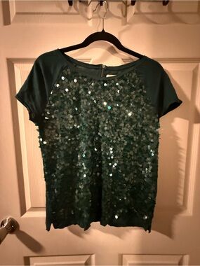 Loft Green Sequin Short-Sleeve Top, Size M